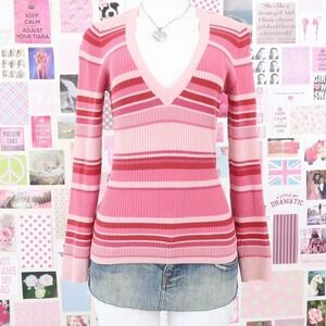 old navy ribbed pink striped v neck top size small